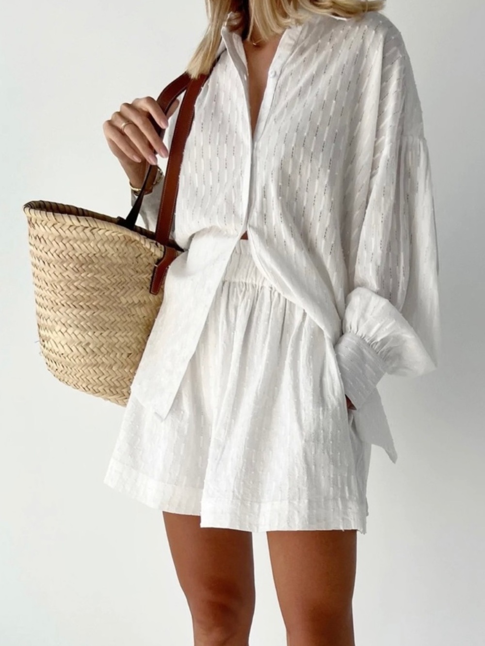 Vita Grace Shorts Set Women’s White Cotton Long Sleeve Button Up Short Matching